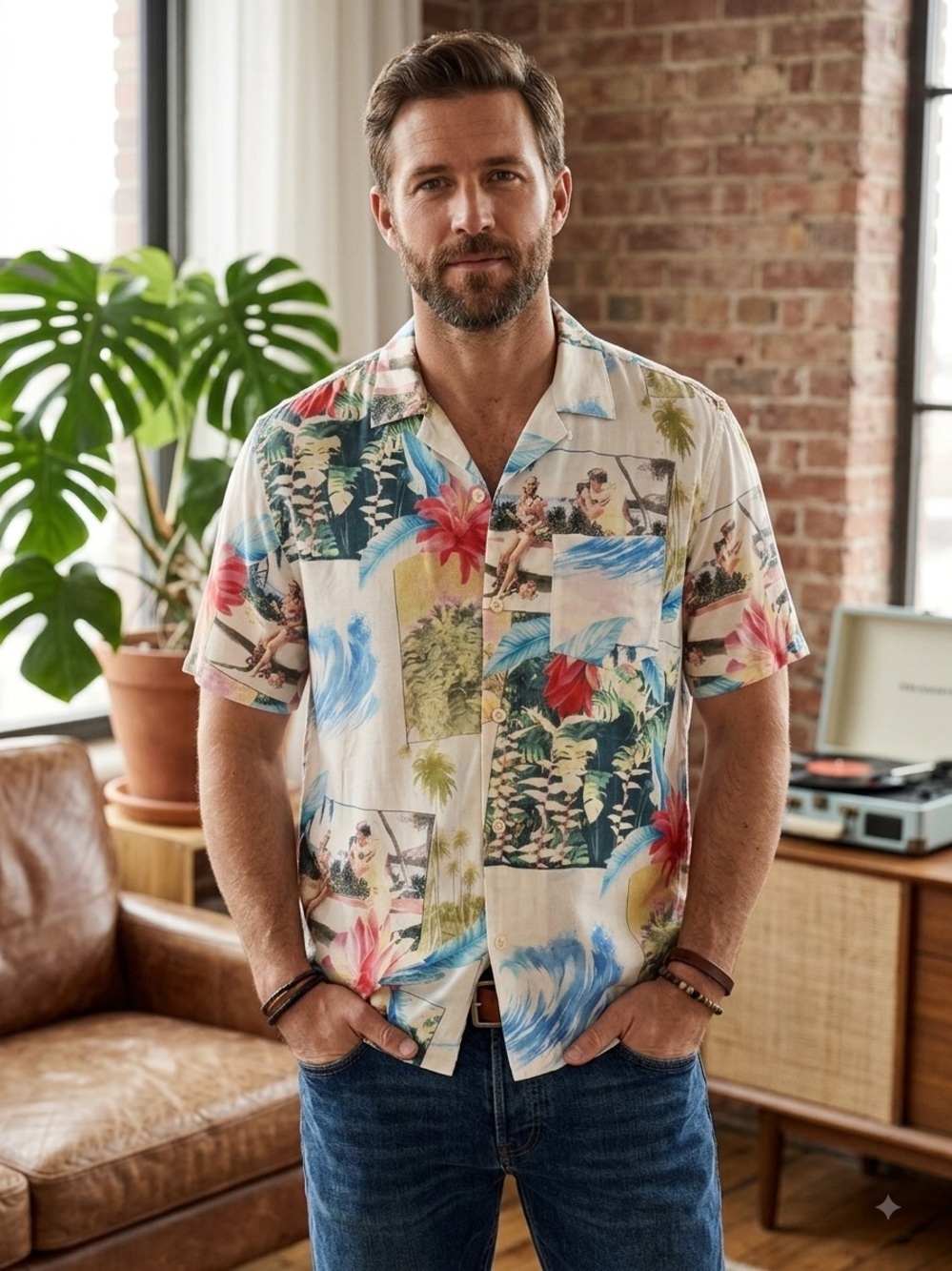 AllSaints Men's Hudson Camp Shirt Tropical Floral Short-Sleeve (M7)